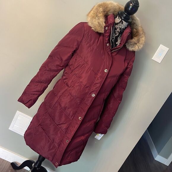 Michael Kors Chevron Faux Fur Trim Hooded Down Puffer Coat Dark Brandy - Picture 1 of 8